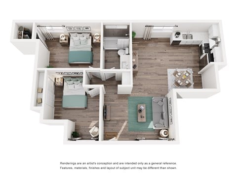 Floor plan for 2 beds, 1 bath, 875 sqft